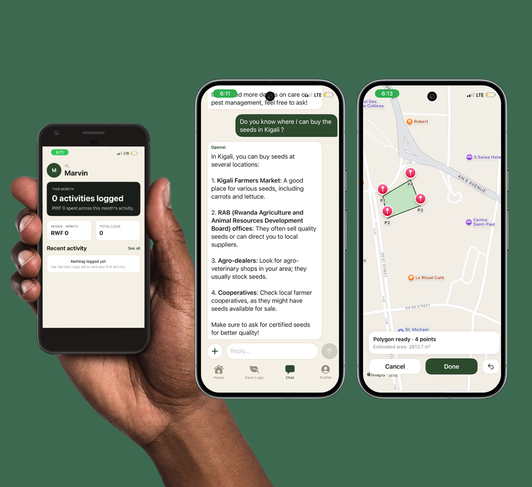 Agro-Norm — AI pocket agronomist showing farm logging, AI chat, and field-mapping screens