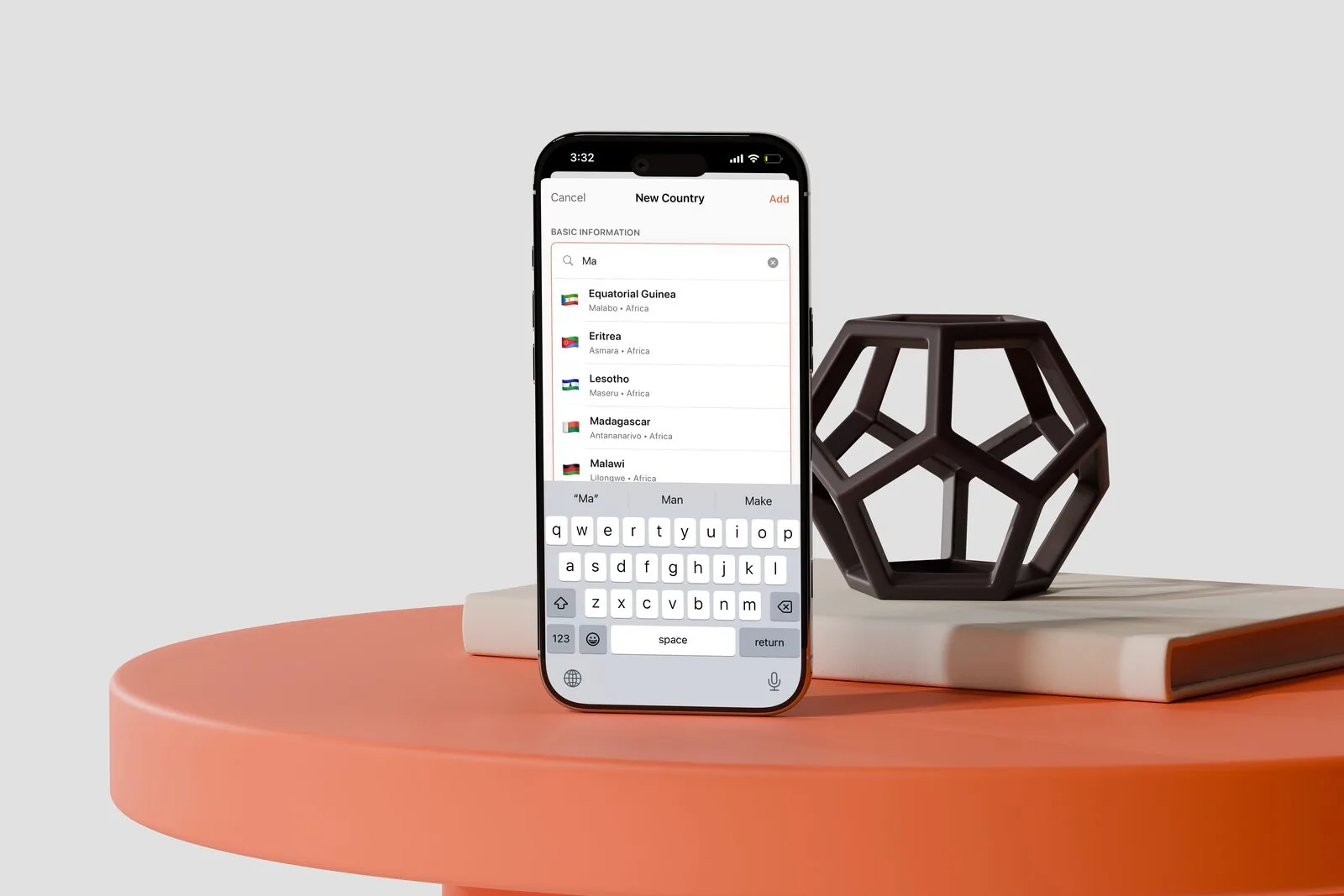 Diplomat iPhone showing the New Country search with African countries list