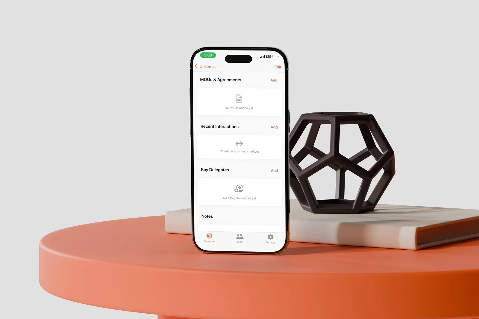 Diplomat country profile with MOUs, recent interactions, key delegates and notes