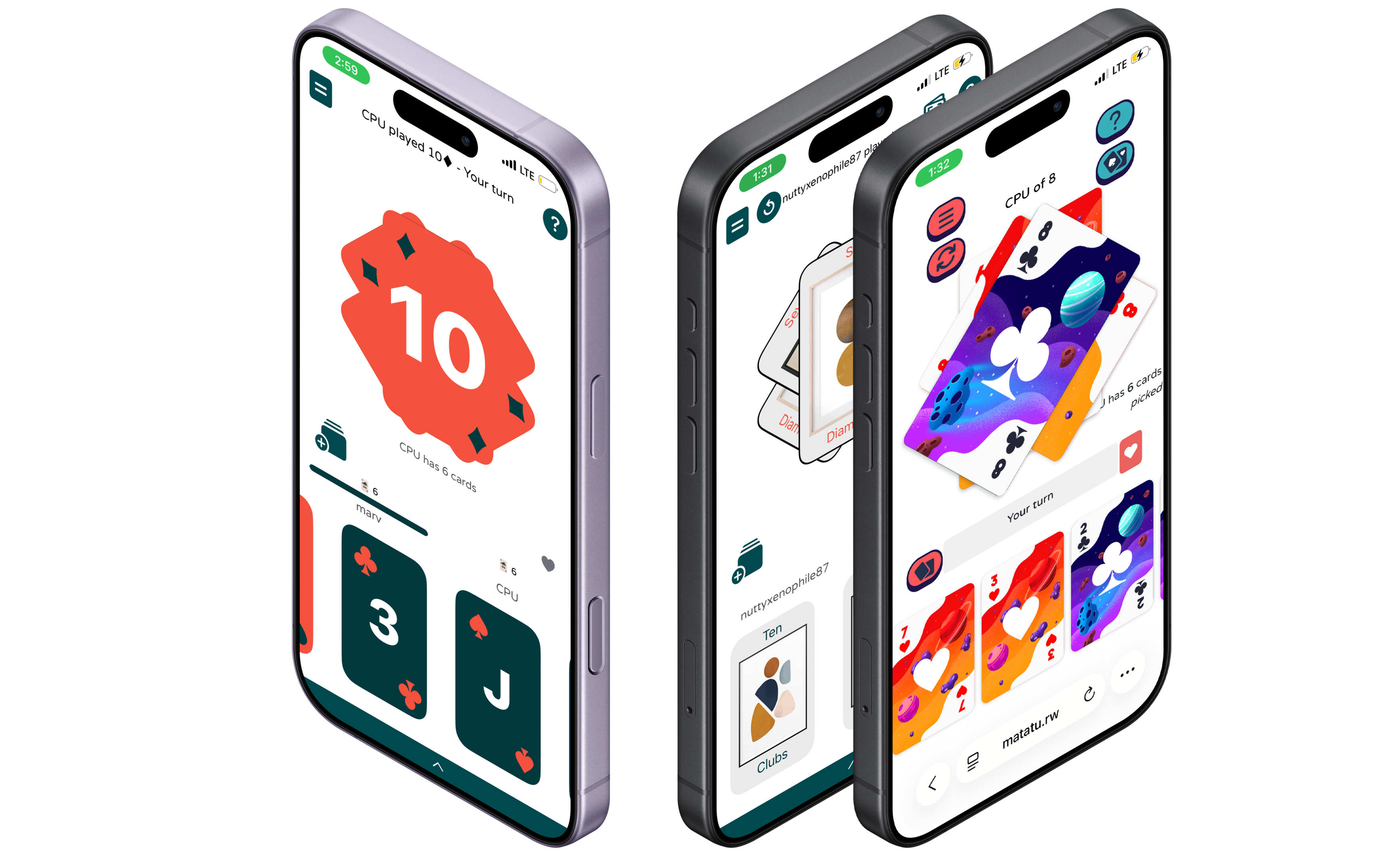 Matatu Online app on a phone showing a red 10 card being played