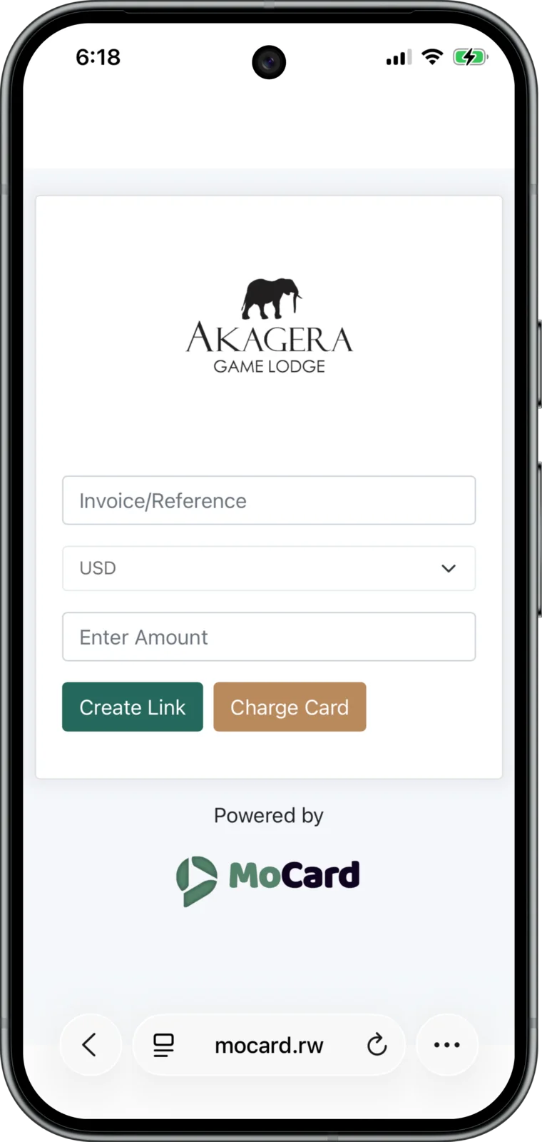 Customer paying an Akagera Game Lodge payment link on their phone
