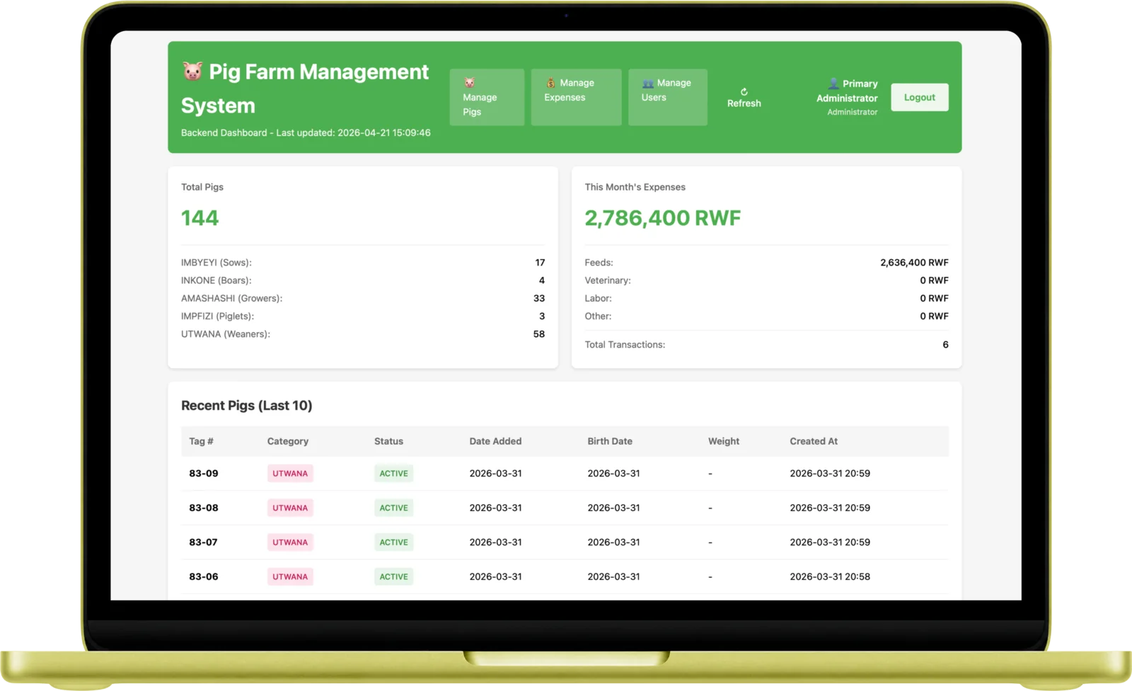 PigFarm management backend on a laptop with pig management table