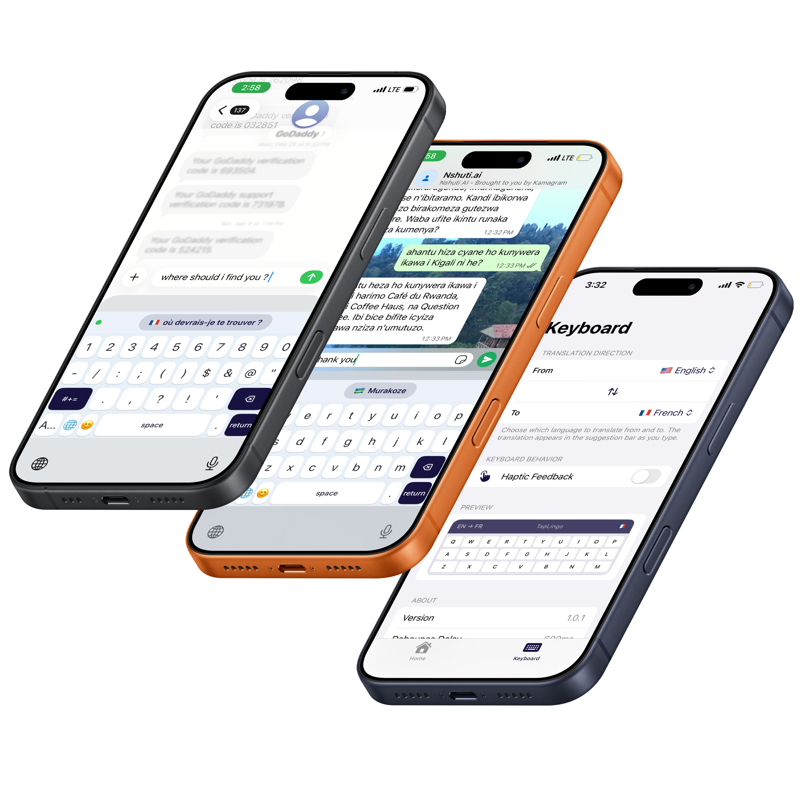Taplingo iPhone showing keyboard settings with English to French translation